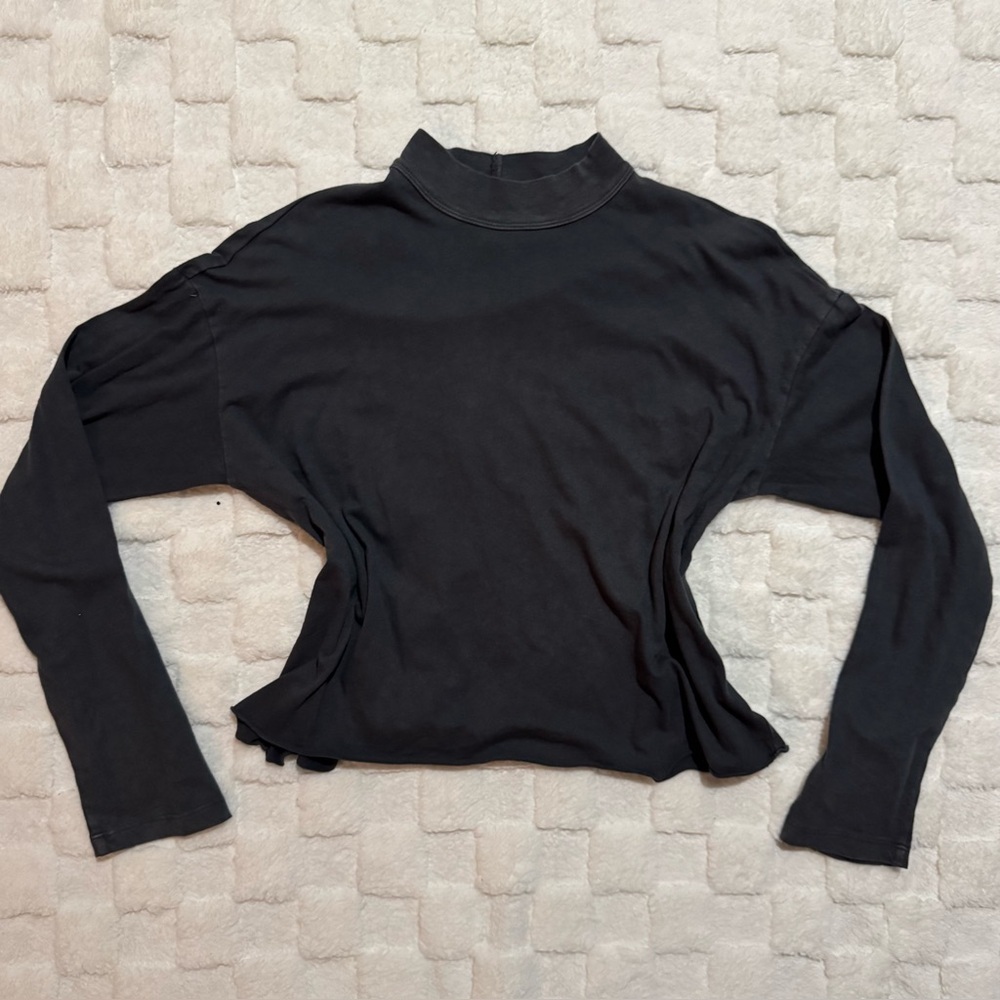Aerie Dark Gray Oversized Mock Neck Long Sleeve Tee, 100% Cotton Top, X-Small